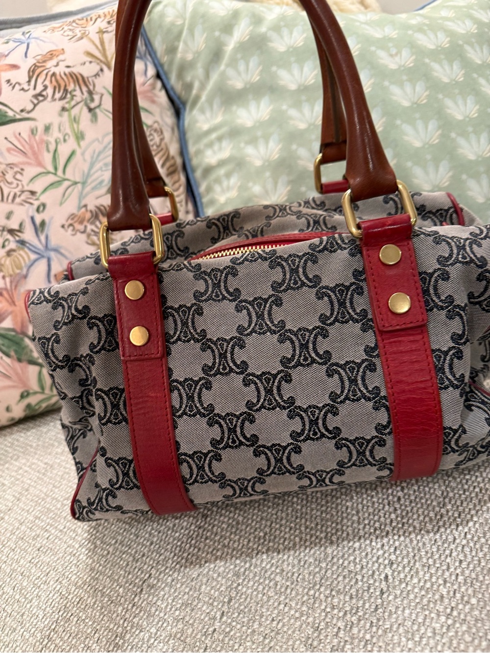 Vintage Celine Macadam Triomphe Boston Bag — Navy Blue & Red - Picture 4 of 16